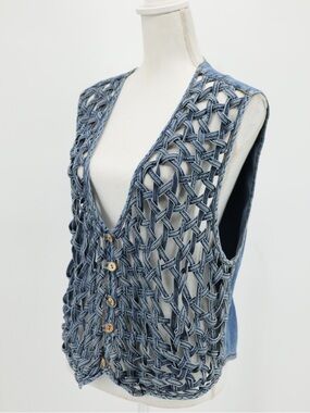 Vintage Ashley Hill Woven Denim Vest Open Weave Boho Blue Button L